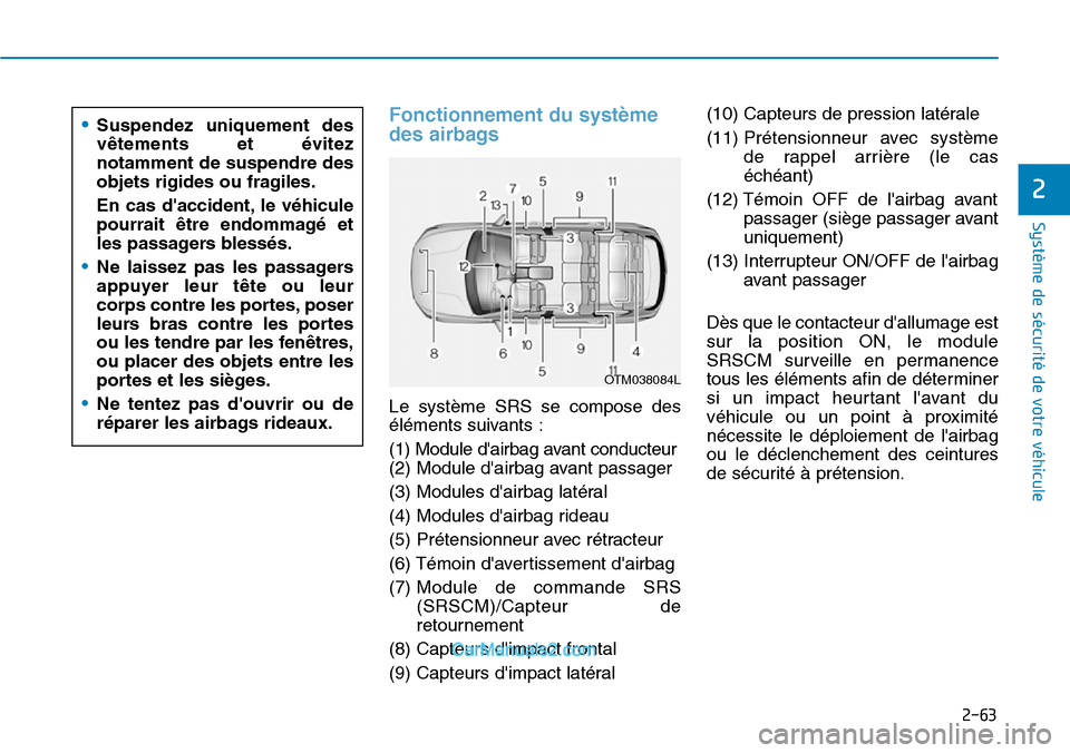 Hyundai Santa Fe 2019 Manuel du propriétaire (in French) 2-63
Système de sécurité de votre véhicule
2
Fonctionnement du système
des airbags
Le système SRS se compose des
éléments suivants :
(1) Module dairbag avant conducteur
(2) Module dairbag Hyundai Santa Fe 2019 Manuel du propriétaire (in French) 2-63
Système de sécurité de votre véhicule
2
Fonctionnement du système
des airbags
Le système SRS se compose des
éléments suivants :
(1) Module dairbag avant conducteur
(2) Module dairbag