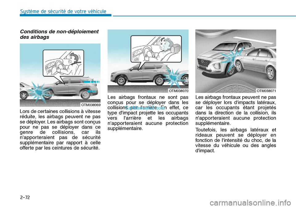 Hyundai Santa Fe 2019  Manuel du propriétaire (in French) 2-72
Système de sécurité de votre véhicule 
Conditions de non-déploiement
des airbags 
Lors de certaines collisions à vitesse
réduite, les airbags peuvent ne pas
se déployer. Les airbags sont 