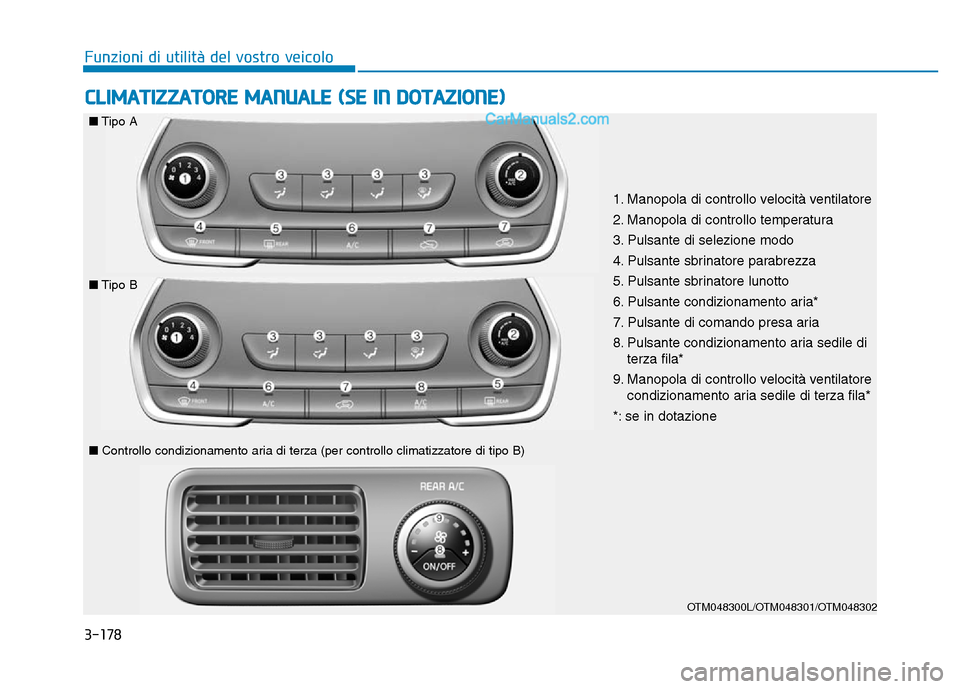 Hyundai Santa Fe 2019  Manuale del proprietario (in Italian) 3-178
Funzioni di utilità del vostro veicolo
CLIMATIZZATORE MANUALE (SE IN DOTAZIONE)
OTM048300L/OTM048301/OTM048302
1. Manopola di controllo velocità ventilatore
2. Manopola di controllo temperatur