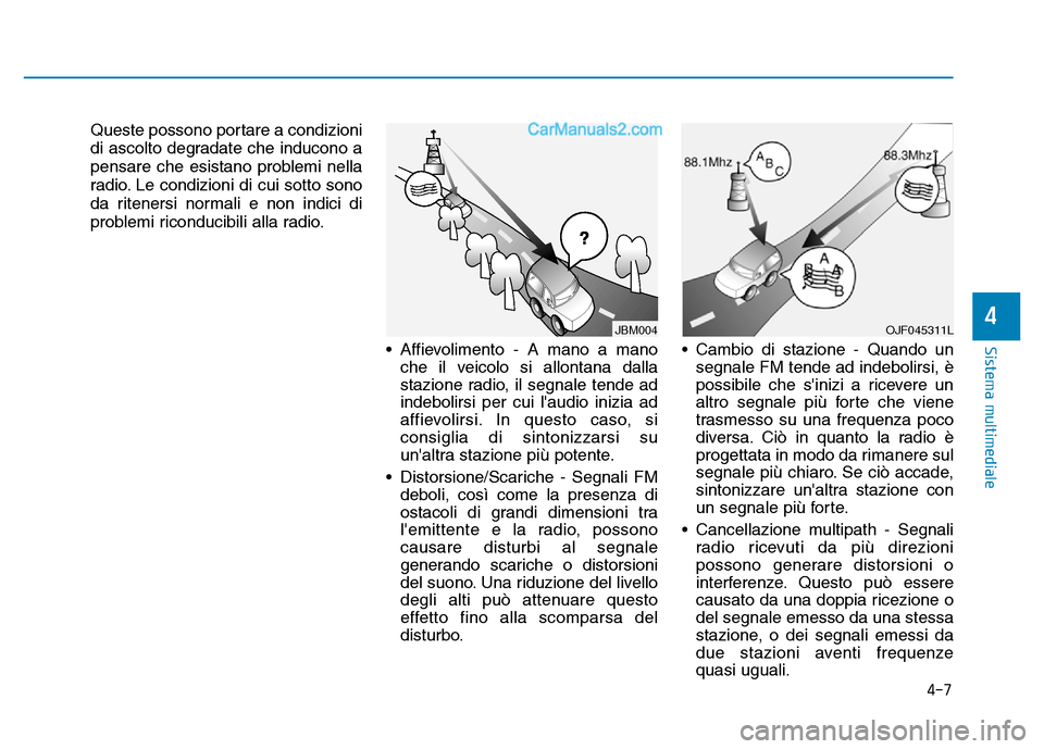 Hyundai Santa Fe 2019  Manuale del proprietario (in Italian) 4-7
Sistema multimediale
4
Queste possono portare a condizioni
di ascolto degradate che inducono a
pensare che esistano problemi nella
radio. Le condizioni di cui sotto sono
da ritenersi normali e non