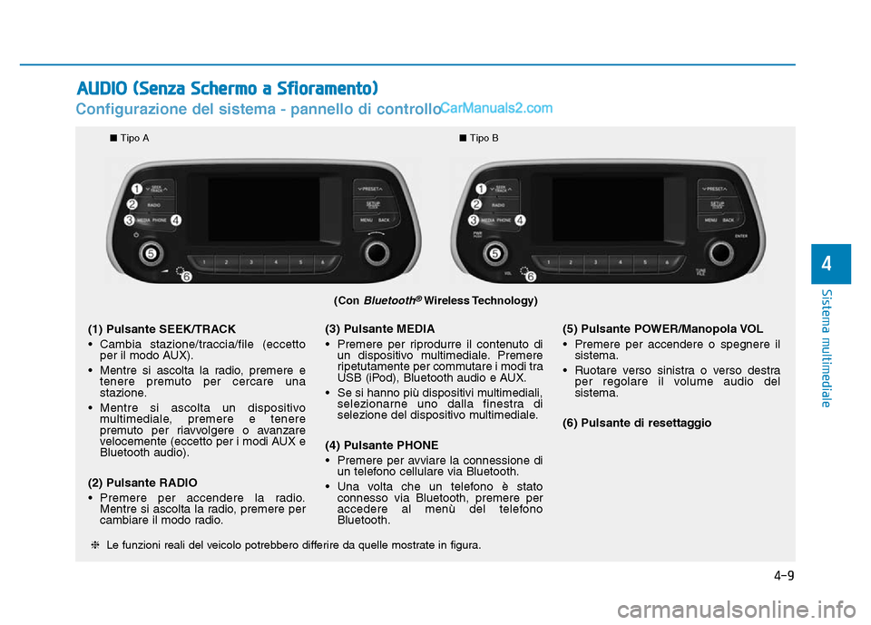 Hyundai Santa Fe 2019  Manuale del proprietario (in Italian) 4-9
Sistema multimediale
4
Configurazione del sistema - pannello di controllo
(Con Bluetooth®Wireless Technology)
❈ Le funzioni reali del veicolo potrebbero differire da quelle mostrate in figura.
