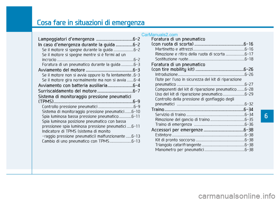 Hyundai Santa Fe 2019  Manuale del proprietario (in Italian) Cosa fare in situazioni di emergenza
Lampeggiatori demergenza  ................................6-2
In caso demergenza durante la guida ...............6-2
Se il motore si spegne durante la guida ....