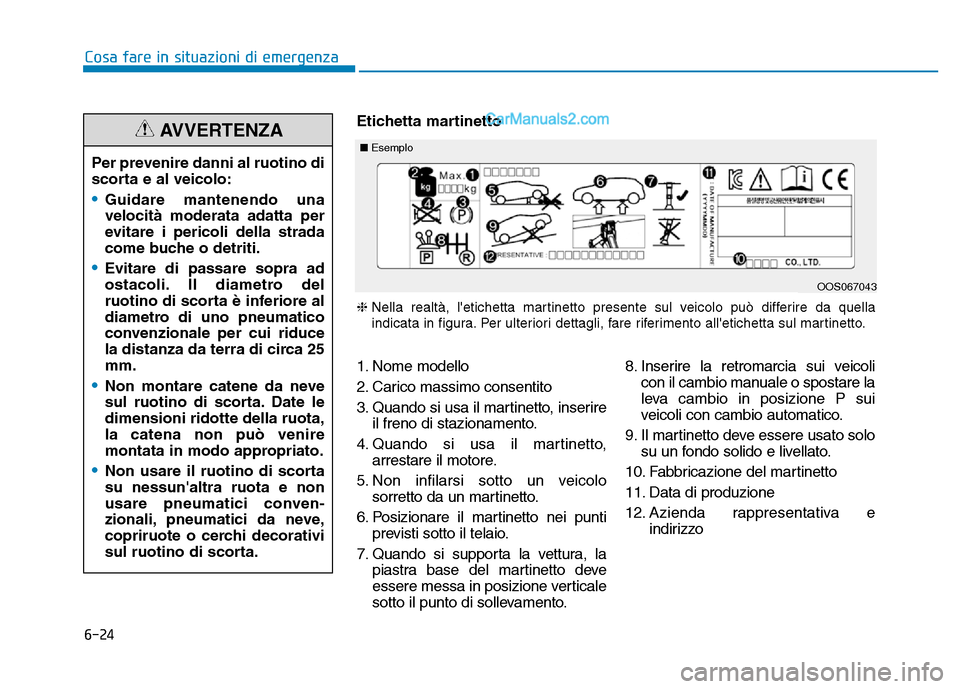 Hyundai Santa Fe 2019 Manuale del proprietario (in Italian) 6-24
Cosa fare in situazioni di emergenzaPer prevenire danni al ruotino di
scorta e al veicolo:
•Guidare mantenendo una
velocità moderata adatta per
evitare i pericoli della strada
come buche o det Hyundai Santa Fe 2019 Manuale del proprietario (in Italian) 6-24
Cosa fare in situazioni di emergenzaPer prevenire danni al ruotino di
scorta e al veicolo:
•Guidare mantenendo una
velocità moderata adatta per
evitare i pericoli della strada
come buche o det