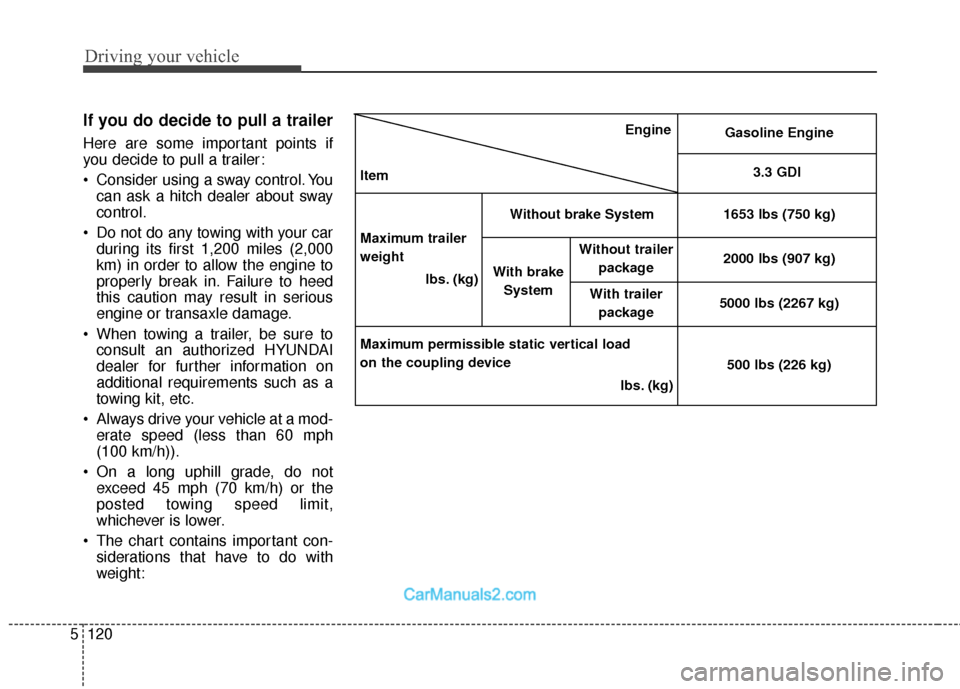 Hyundai Santa Fe 2018 Owners Manual Driving your vehicle
120
5
If you do decide to pull a trailer
Here are some important points if
you decide to pull a trailer:
Consider using a sway control. You
can ask a hitch dealer about sway
cont Hyundai Santa Fe 2018 Owners Manual Driving your vehicle
120
5
If you do decide to pull a trailer
Here are some important points if
you decide to pull a trailer:
Consider using a sway control. You
can ask a hitch dealer about sway
cont