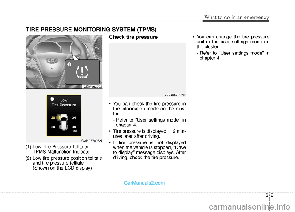 Hyundai Santa Fe 2018  Owners Manual 69
What to do in an emergency
TIRE PRESSURE MONITORING SYSTEM (TPMS)
(1) Low Tire Pressure Telltale/TPMS Malfunction Indicator
(2) Low tire pressure position telltale and tire pressure telltale 
(Show