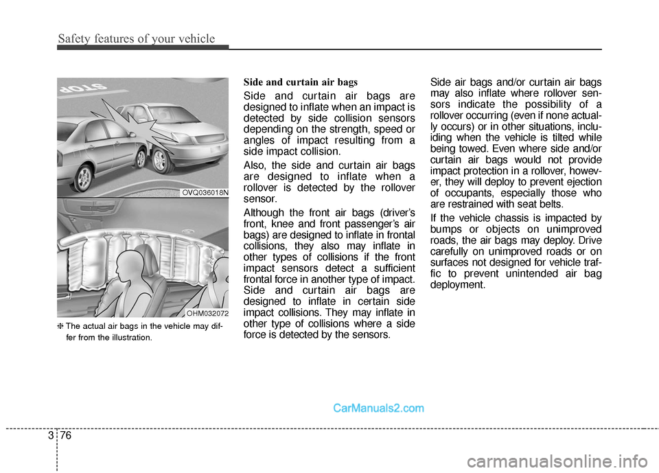 Hyundai Santa Fe 2018  Owners Manual Safety features of your vehicle
76
3
❈ The actual air bags in the vehicle may dif-
fer from the illustration.
Side and curtain air bags 
Side and curtain air bags are
designed to inflate when an imp