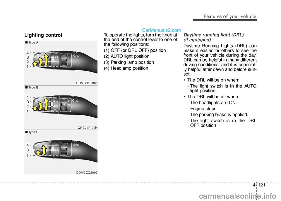 Hyundai Santa Fe 2017  Owners Manual 4121
Features of your vehicle
Lighting controlTo operate the lights, turn the knob at
the end of the control lever to one of
the following positions:
(1) OFF (or DRL OFF) position
(2) AUTO light posit