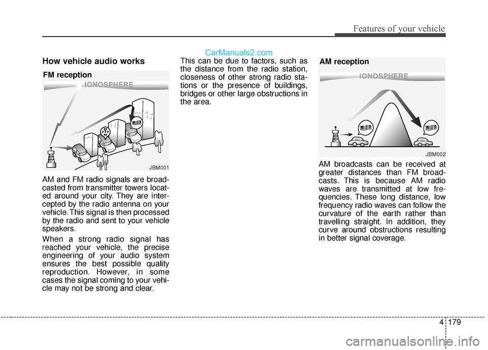 Hyundai Santa Fe 2017 Owners Manual 4179
Features of your vehicle
How vehicle audio works
AM and FM radio signals are broad-
casted from transmitter towers locat-
ed around your city. They are inter-
cepted by the radio antenna on your
Hyundai Santa Fe 2017 Owners Manual 4179
Features of your vehicle
How vehicle audio works
AM and FM radio signals are broad-
casted from transmitter towers locat-
ed around your city. They are inter-
cepted by the radio antenna on your
