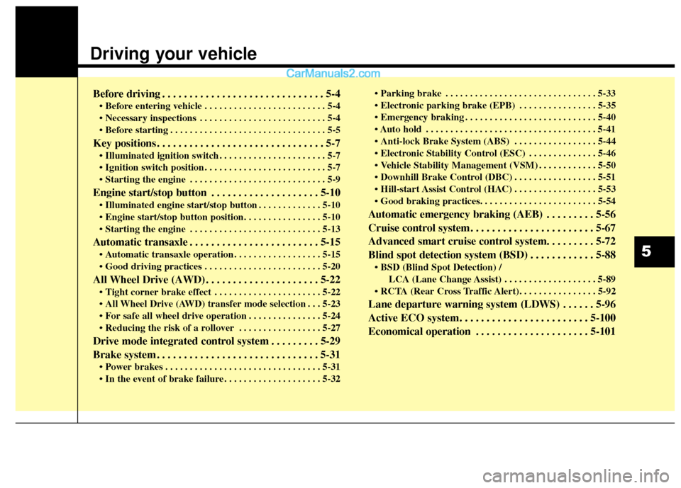 Hyundai Santa Fe 2017  Owners Manual Driving your vehicle  
Before driving . . . . . . . . . . . . . . . . . . . . . . . . . . . . . . 5-4
• Before entering vehicle . . . . . . . . . . . . . . . . . . . . . . . . . 5-4
 . . . . . . . .