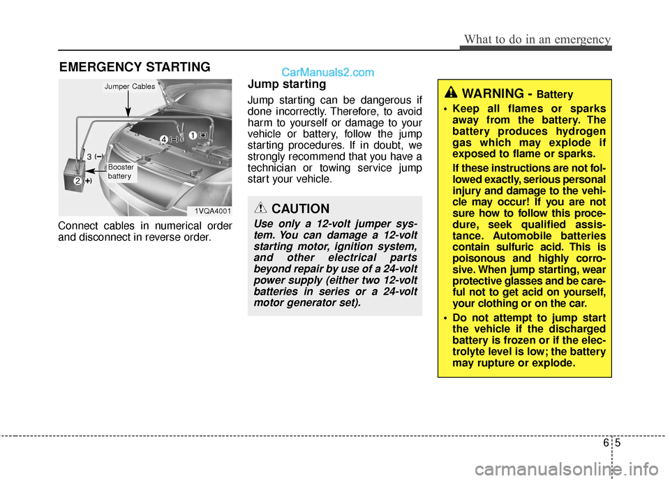 Hyundai Santa Fe 2017 Owners Manual 65
What to do in an emergency
EMERGENCY STARTING
Connect cables in numerical order
and disconnect in reverse order.
Jump starting
Jump starting can be dangerous if
done incorrectly. Therefore, to avoi Hyundai Santa Fe 2017 Owners Manual 65
What to do in an emergency
EMERGENCY STARTING
Connect cables in numerical order
and disconnect in reverse order.
Jump starting
Jump starting can be dangerous if
done incorrectly. Therefore, to avoi