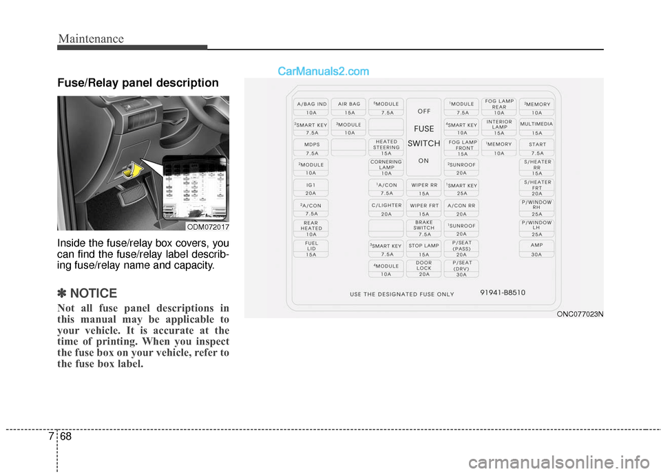 Hyundai Santa Fe 2017  Owners Manual Maintenance
68
7
Fuse/Relay panel description
Inside the fuse/relay box covers, you
can find the fuse/relay label describ-
ing fuse/relay name and capacity.
✽ ✽
NOTICE
Not all fuse panel descripti