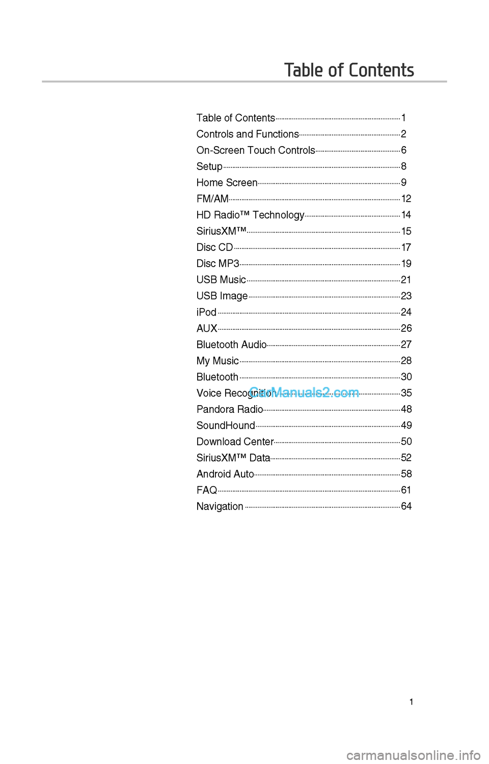 Hyundai Santa Fe 2017  Car Multimedia System 1
Table of Contents
Table of Contents......................................................................1
Controls and Funct\iions.........................................................\f
On-Scre