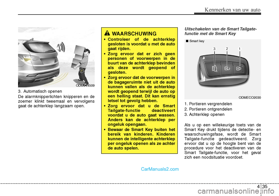 Hyundai Santa Fe 2017 Handleiding (in Dutch) 435
Kenmerken van uw auto
3. Automatisch openen
De alarmknipperlichten knipperen en de
zoemer klinkt tweemaal en vervolgens
gaat de achterklep langzaam open.
Uitschakelen van de Smart Tailgate-funct Hyundai Santa Fe 2017 Handleiding (in Dutch) 435
Kenmerken van uw auto
3. Automatisch openen
De alarmknipperlichten knipperen en de
zoemer klinkt tweemaal en vervolgens
gaat de achterklep langzaam open.
Uitschakelen van de Smart Tailgate-funct