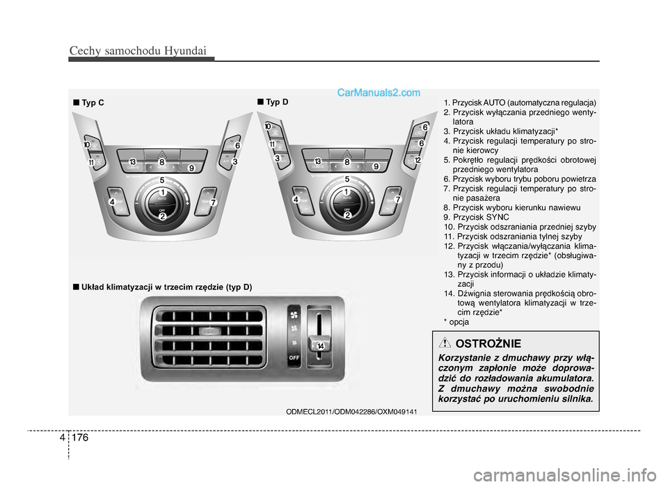 Hyundai Santa Fe 2017  Instrukcja Obsługi (in Polish) Cechy \famochodu Hyunda\b
1764
ODMECLᵒf011/ODM04ᵒfᵒf86/OxM049141 
1ᵒb Przycisk AUTO (automatyczna regulacja)
ᵒfᵒb Przycisk wyłączania przedniego wenty- latora
3ᵒb Przycisk układu klim
