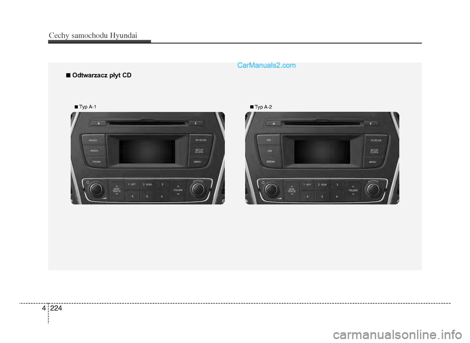 Hyundai Santa Fe 2017  Instrukcja Obsługi (in Polish) n Odtwarzacz płyt cd 
n Typ A-1n Typ A-2
4 224
Cec\by sam\fc\b\fdu Hyundai
DM PL 4c(210Naudio)_CM (FL).qxd \4 16-01-08  12:2\f  Page 2\424  