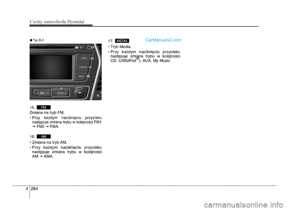 Hyundai Santa Fe 2017  Instrukcja Obsługi (in Polish) Cec\by sam\fc\b\fdu Hyundai
2644
15. 
Zmiana na tryb FM.
P 
Przy  ka[dym  naciYniWciu  przycisku
nastWpuje zmiana trybu w kolejnoYci FM1
\b FM2\b FMA.
16. 
P Zmiana na tryb AM.
P Przy  ka[dym  naciYni