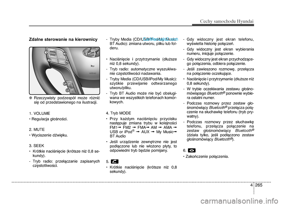 Hyundai Santa Fe 2017  Instrukcja Obsługi (in Polish) 4 265
Cec\by sam\fc\b\fdu Hyundai
Zdalne sterowanie na kierownicy
hRzeczywisty  podzespOT  mo[e  rO[niU
siW od przedstawionego na ilustracji.
1. VOLUME
P Regulacja gToYnoYci.
2. MUTE
P Wyciszenie dZwi