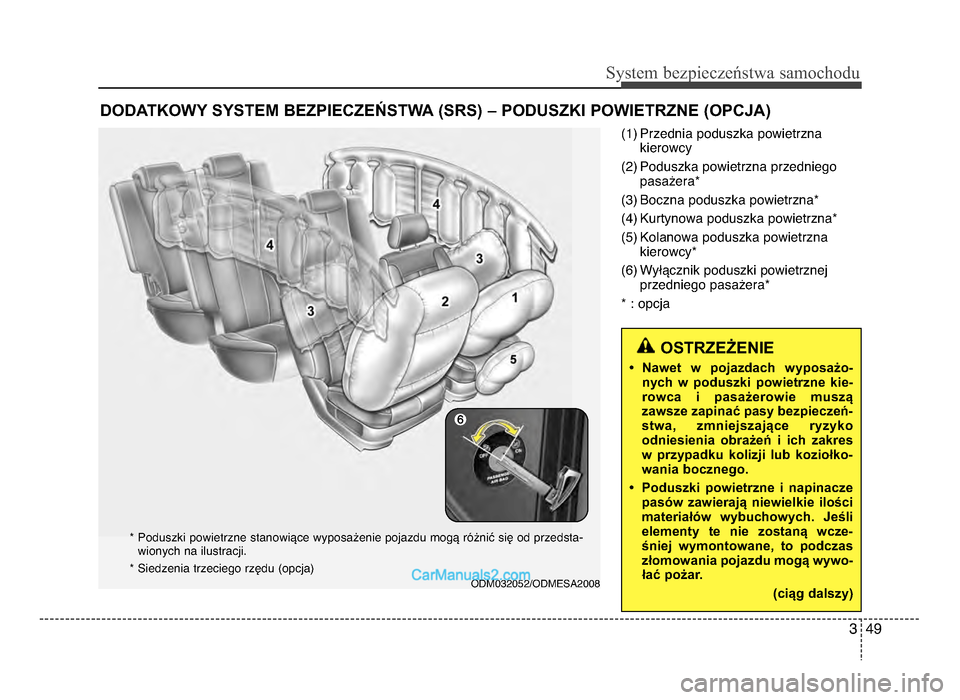Hyundai Santa Fe 2017  Instrukcja Obsługi (in Polish) 3 49
Sy\ftem bezp\beczeń\ftwa \famochodu
(1) Przednia poduszka powietrznakierowcy
(\f) Poduszka powietrzna przedniego pasażera*
(3) Boczna poduszka powietrzna*
(4) Kurtynowa poduszka powietrzna*
(5)