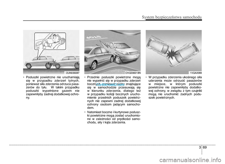 Hyundai Santa Fe 2017  Instrukcja Obsługi (in Polish) 3 69
Sy\ftem bezp\beczeń\ftwa \famochodu
• Poduszki  powietrzne  nie  uruchamiająsię  w  przypadku  zderzeń  tylnych,
ponieważ siła zderzenia odrzuca pasa- żerów  do  tyłu\b    W  takim  pr