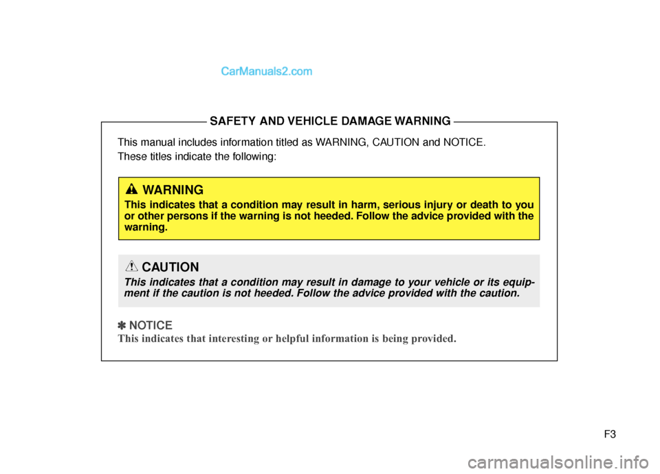 Hyundai Santa Fe 2016  Owners Manual F3
This manual includes information titled as WARNING, CAUTION and NOTICE.
These titles indicate the following:
✽ ✽
 
 
NOTICE
This indicates that interesting or helpful information is being provi