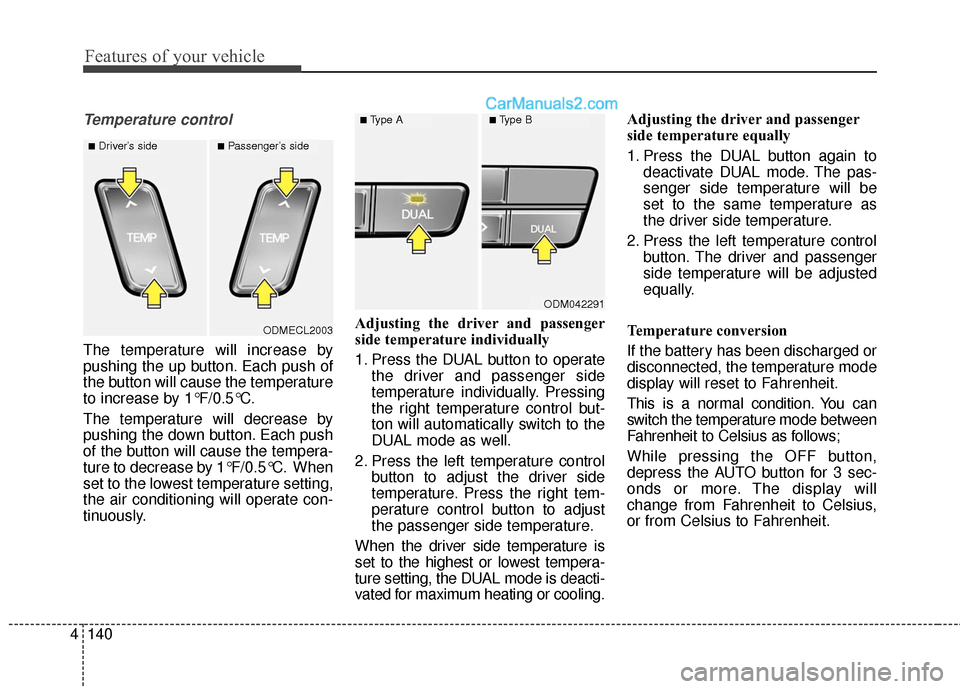 Hyundai Santa Fe 2016  Owners Manual Features of your vehicle
140
4
Temperature control
The temperature will increase by
pushing the up button. Each push of
the button will cause the temperature
to increase by 1°F/0.5°C.
The temperatur