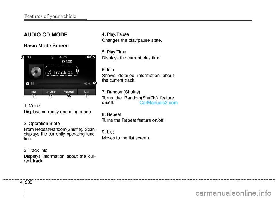 Hyundai Santa Fe 2016  Owners Manual Features of your vehicle
238
4
AUDIO CD MODE
Basic Mode Screen
1. Mode
Displays currently operating mode.
2. Operation State
From Repeat/Random(Shuffle)/ Scan,
displays the currently operating func-
t