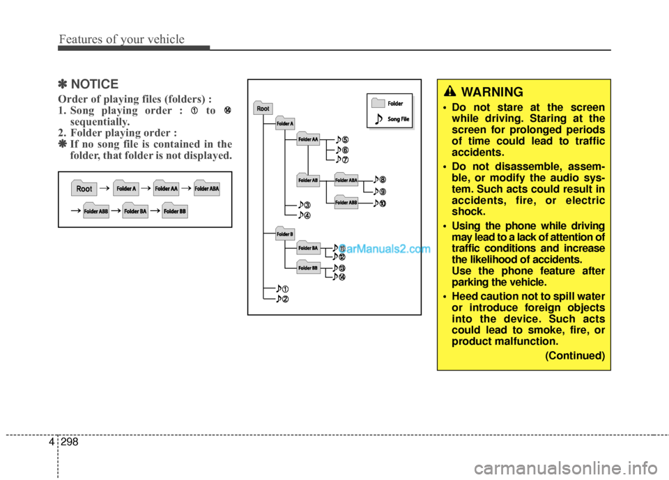 Hyundai Santa Fe 2016  Owners Manual Features of your vehicle
298
4
✽
✽
NOTICE 
Order of playing files (folders) : 
1. Song playing order :  to 
sequentially.
2. Folder playing order : ❋ ❋ If no song file is contained in the
fold