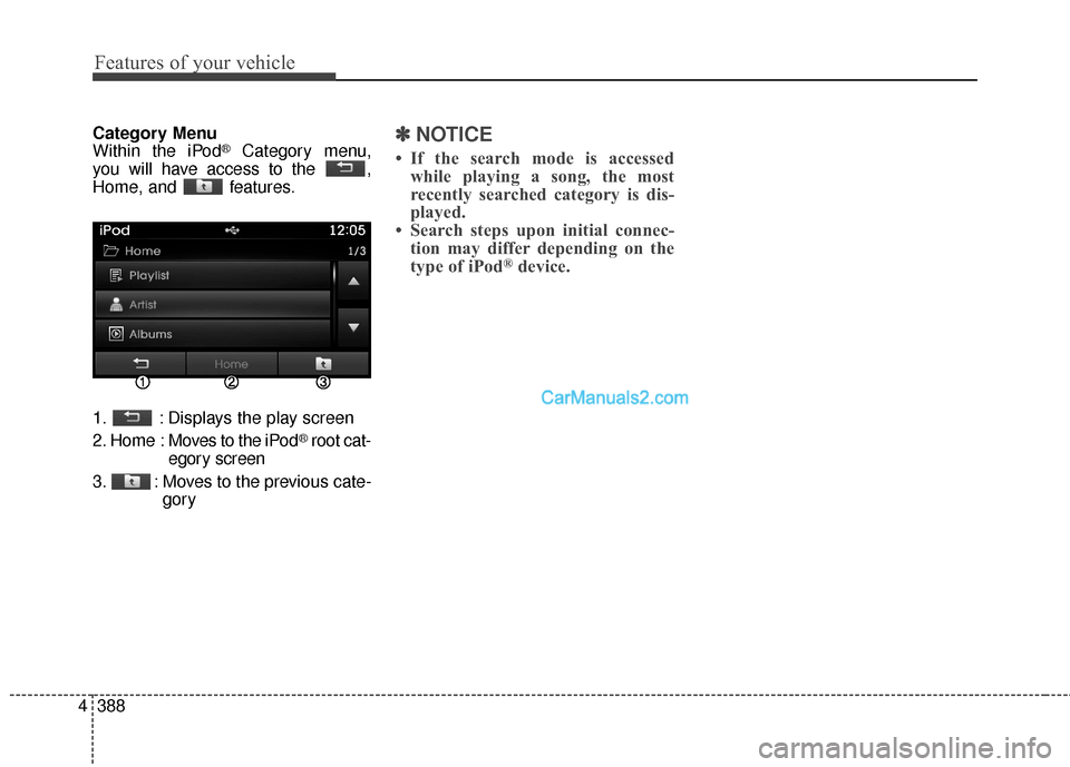 Hyundai Santa Fe 2016  Owners Manual Features of your vehicle
388
4
Category Menu
Within the iPod®Category menu,
you will have access to the  ,
Home, and  features.
1. : Displays the play screen
2. Home  : Moves to the iPod
®root cat-
