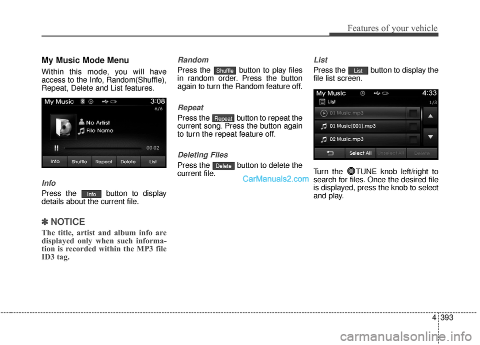 Hyundai Santa Fe 2016  Owners Manual 4393
Features of your vehicle
My Music Mode Menu
Within this mode, you will have
access to the Info, Random(Shuffle),
Repeat, Delete and List features.
Info
Press the  button to display
details about 