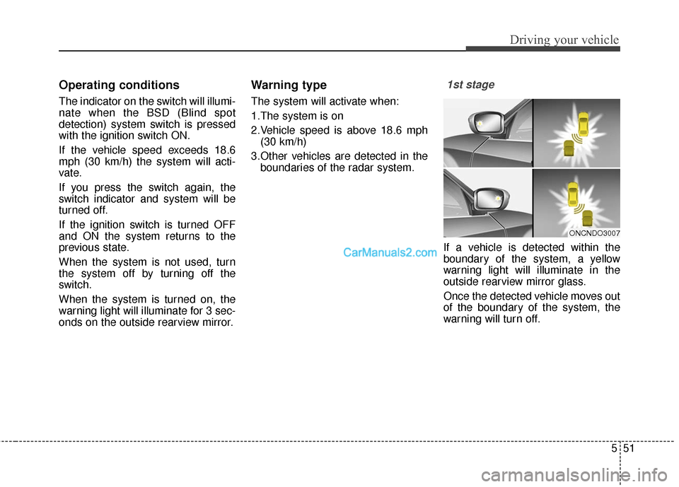 Hyundai Santa Fe 2016  Owners Manual 551
Driving your vehicle
Operating conditions
The indicator on the switch will illumi-
nate when the BSD (Blind spot
detection) system switch is pressed
with the ignition switch ON.
If the vehicle spe