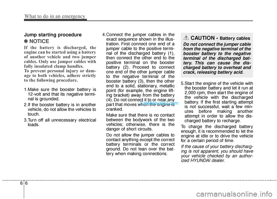 Hyundai Santa Fe 2016  Owners Manual What to do in an emergency
66
Jump starting procedure
✽
✽NOTICE
If the battery is discharged, the
engine can be started using a battery
of another vehicle and two jumper
cables. Only use jumper ca