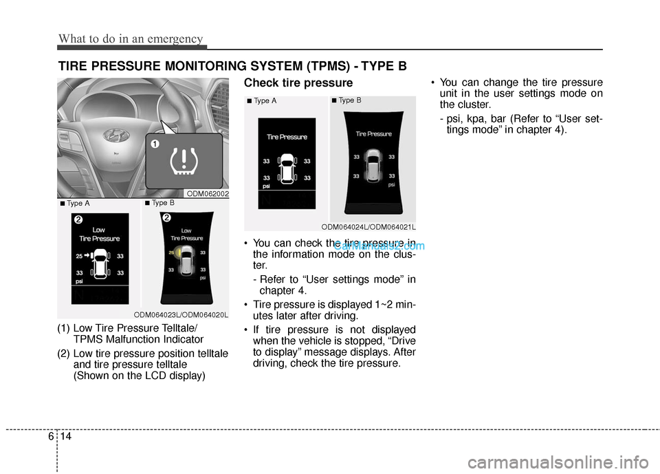 Hyundai Santa Fe 2016  Owners Manual What to do in an emergency
14
6
TIRE PRESSURE MONITORING SYSTEM (TPMS) - TYPE B
(1) Low Tire Pressure Telltale/
TPMS Malfunction Indicator
(2) Low tire pressure position telltale and tire pressure tel