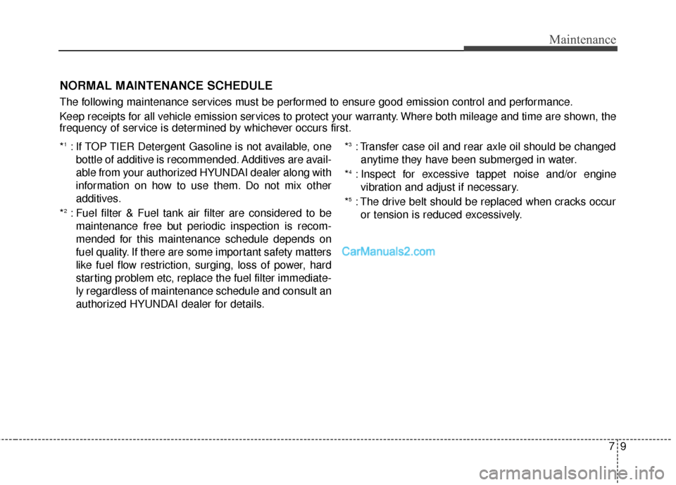 Hyundai Santa Fe 2016  Owners Manual 79
Maintenance
NORMAL MAINTENANCE SCHEDULE
The following maintenance services must be performed to ensure good emission control and performance.
Keep receipts for all vehicle emission services to prot