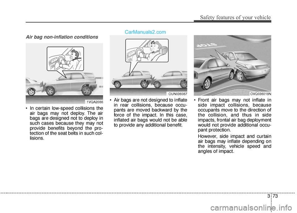 Hyundai Santa Fe 2016  Owners Manual 373
Safety features of your vehicle
Air bag non-inflation conditions
 In certain low-speed collisions theair bags may not deploy. The air
bags are designed not to deploy in
such cases because they may