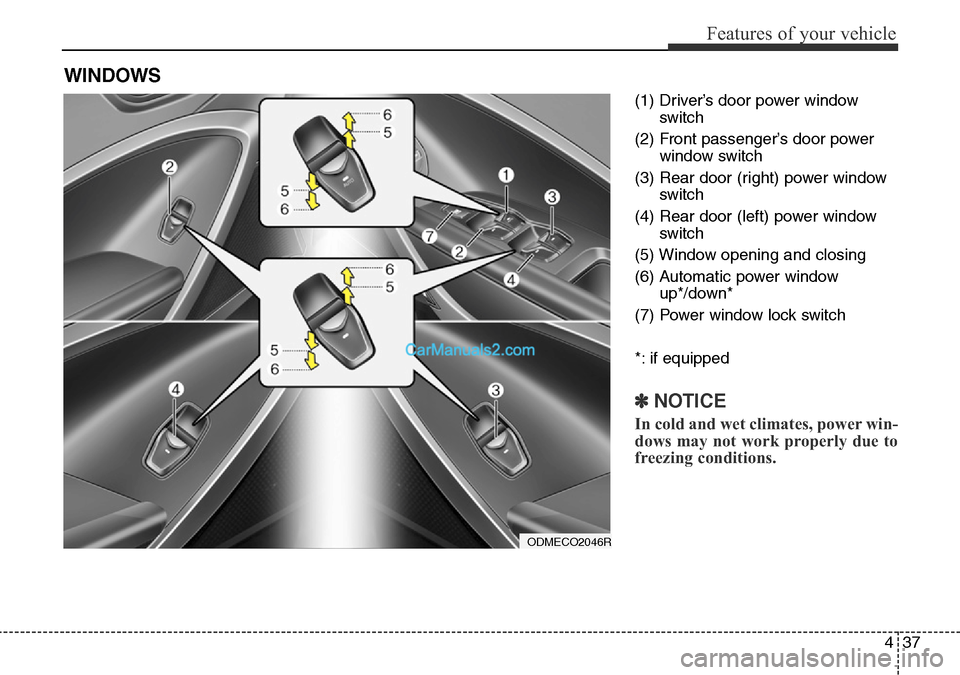 Hyundai Santa Fe 2016  Owners Manual - RHD (UK, Australia) 437
Features of your vehicle
(1) Driver’s door power window
switch
(2) Front passenger’s door power
window switch
(3) Rear door (right) power window
switch
(4) Rear door (left) power window
switch