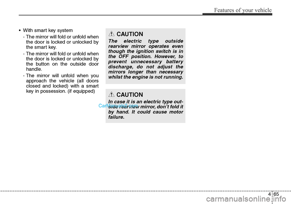 Hyundai Santa Fe 2016  Owners Manual - RHD (UK, Australia) 465
Features of your vehicle
• With smart key system
- The mirror will fold or unfold when
the door is locked or unlocked by
the smart key.
- The mirror will fold or unfold when
the door is locked o