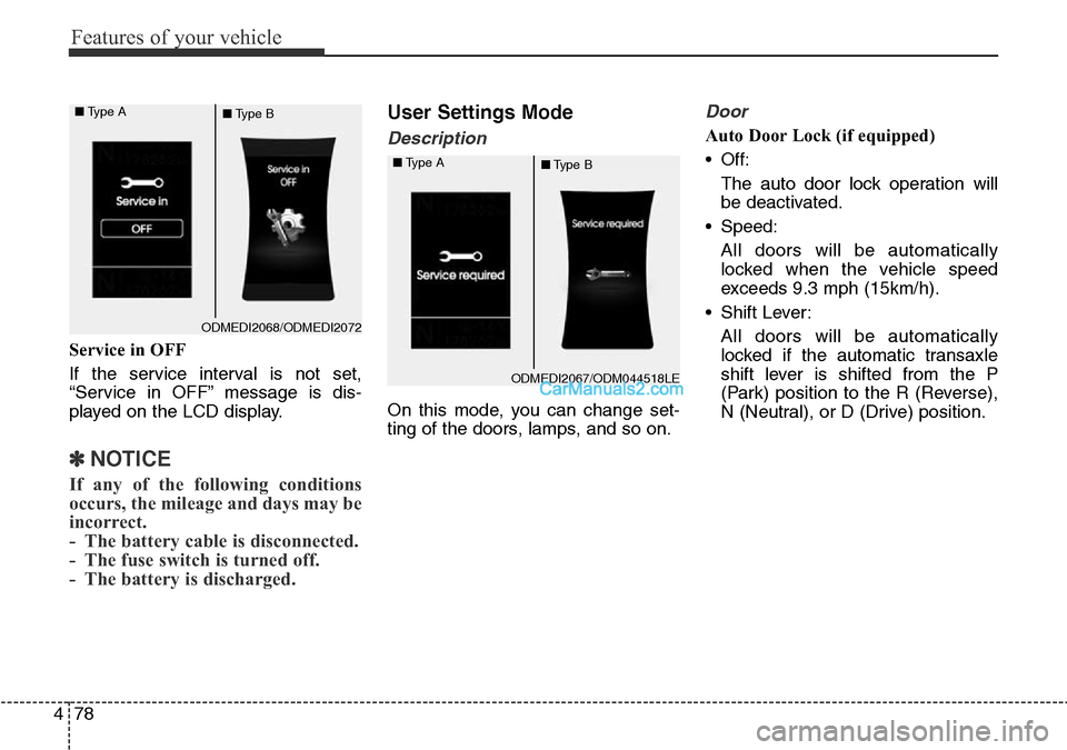 Hyundai Santa Fe 2016  Owners Manual - RHD (UK, Australia) Features of your vehicle
78 4
Service in OFF
If the service interval is not set,
“Service in OFF” message is dis-
played on the LCD display.
✽NOTICE
If any of the following conditions
occurs, th
