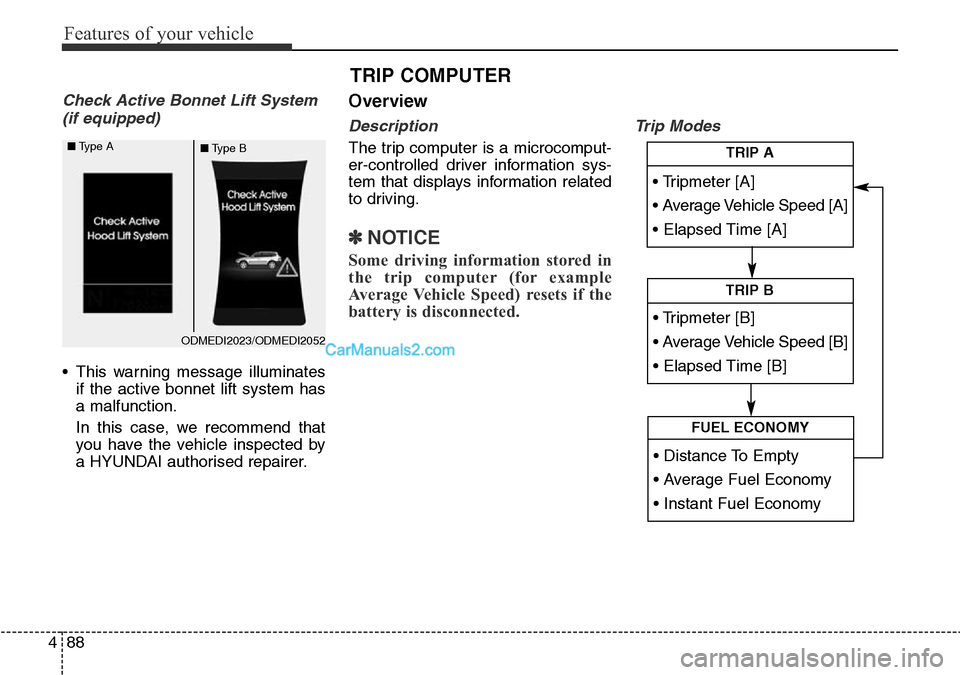 Hyundai Santa Fe 2016  Owners Manual - RHD (UK, Australia) Features of your vehicle
88 4
Check Active Bonnet Lift System 
(if equipped)
• This warning message illuminates
if the active bonnet lift system has
a malfunction.
In this case, we recommend that
yo