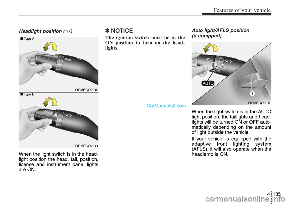 Hyundai Santa Fe 2016  Owners Manual - RHD (UK, Australia) 4135
Features of your vehicle
Headlight position ( )
When the light switch is in the head-
light position the head, tail, position,
license and instrument panel lights
are ON.
✽NOTICE
The ignition s