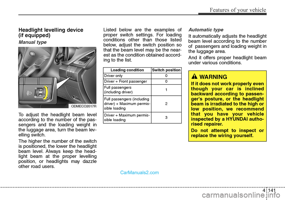 Hyundai Santa Fe 2016 Owners Manual - RHD (UK, Australia) 4141
Features of your vehicle
Headlight levelling device
(if equipped)
Manual type
To adjust the headlight beam level
according to the number of the pas-
sengers and the loading weight in
the luggage Hyundai Santa Fe 2016 Owners Manual - RHD (UK, Australia) 4141
Features of your vehicle
Headlight levelling device
(if equipped)
Manual type
To adjust the headlight beam level
according to the number of the pas-
sengers and the loading weight in
the luggage