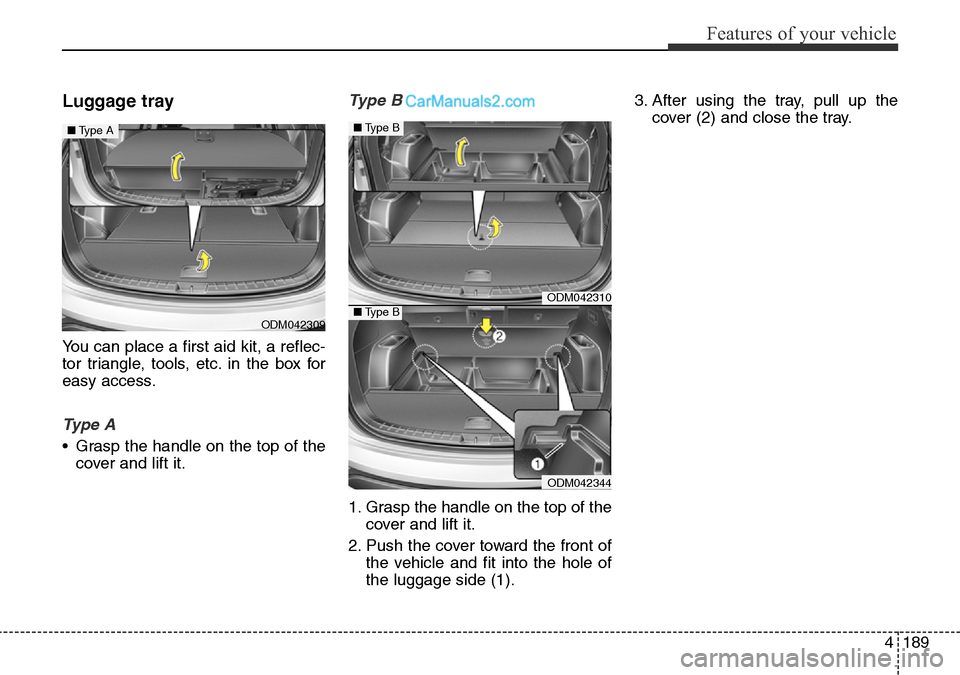 Hyundai Santa Fe 2016  Owners Manual - RHD (UK, Australia) 4189
Features of your vehicle
Luggage tray
You can place a first aid kit, a reflec-
tor triangle, tools, etc. in the box for
easy access.
Ty p e  A
• Grasp the handle on the top of the
cover and lif