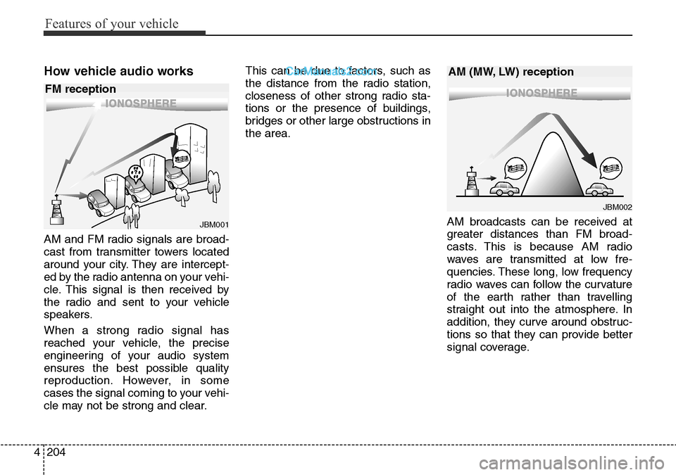 Hyundai Santa Fe 2016 Owners Manual - RHD (UK, Australia) Features of your vehicle
204 4
How vehicle audio works
AM and FM radio signals are broad-
cast from transmitter towers located
around your city. They are intercept-
ed by the radio antenna on your veh Hyundai Santa Fe 2016 Owners Manual - RHD (UK, Australia) Features of your vehicle
204 4
How vehicle audio works
AM and FM radio signals are broad-
cast from transmitter towers located
around your city. They are intercept-
ed by the radio antenna on your veh