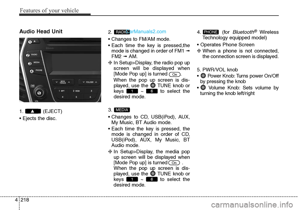 Hyundai Santa Fe 2016 Owners Manual - RHD (UK, Australia) Features of your vehicle
218 4
Audio Head Unit
1. (EJECT)
• Ejects the disc.2.
• Changes to FM/AM mode.
• Each time the key is pressed,the
mode is changed in order of FM1 ➟
FM2 ➟AM.
❈ In S Hyundai Santa Fe 2016 Owners Manual - RHD (UK, Australia) Features of your vehicle
218 4
Audio Head Unit
1. (EJECT)
• Ejects the disc.2.
• Changes to FM/AM mode.
• Each time the key is pressed,the
mode is changed in order of FM1 ➟
FM2 ➟AM.
❈ In S