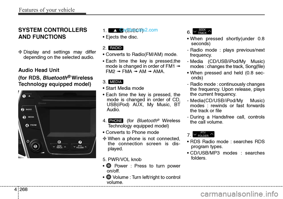 Hyundai Santa Fe 2016 Owners Manual - RHD (UK, Australia) Features of your vehicle
268 4
SYSTEM CONTROLLERS
AND FUNCTIONS
❈ Display and settings may differ
depending on the selected audio.
Audio Head Unit
(for RDS,
Bluetooth®Wireless
Technology equipped Hyundai Santa Fe 2016 Owners Manual - RHD (UK, Australia) Features of your vehicle
268 4
SYSTEM CONTROLLERS
AND FUNCTIONS
❈ Display and settings may differ
depending on the selected audio.
Audio Head Unit
(for RDS,
Bluetooth®Wireless
Technology equipped