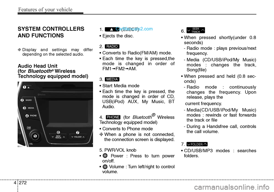 Hyundai Santa Fe 2016 Owners Manual - RHD (UK, Australia) Features of your vehicle
272 4
SYSTEM CONTROLLERS
AND FUNCTIONS
❈ Display and settings may differ
depending on the selected audio.
Audio Head Unit
(for
Bluetooth®Wireless
Technology equipped mode Hyundai Santa Fe 2016 Owners Manual - RHD (UK, Australia) Features of your vehicle
272 4
SYSTEM CONTROLLERS
AND FUNCTIONS
❈ Display and settings may differ
depending on the selected audio.
Audio Head Unit
(for
Bluetooth®Wireless
Technology equipped mode