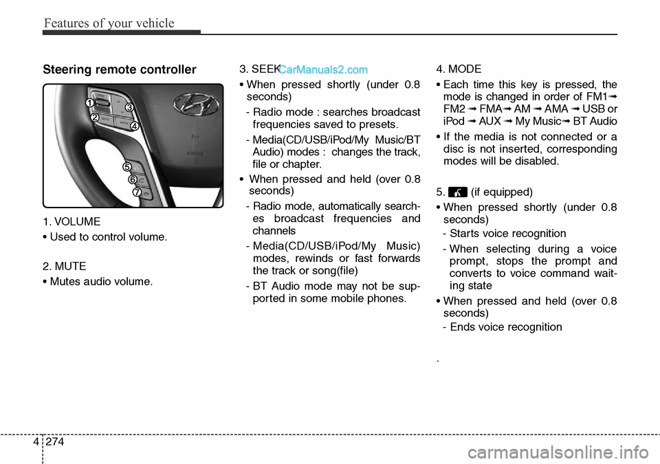 Hyundai Santa Fe 2016 Owners Manual - RHD (UK, Australia) Features of your vehicle
274 4
Steering remote controller
1. VOLUME
• Used to control volume.
2. MUTE
• Mutes audio volume.3. SEEK
• When pressed shortly (under 0.8
seconds)
- Radio mode : searc Hyundai Santa Fe 2016 Owners Manual - RHD (UK, Australia) Features of your vehicle
274 4
Steering remote controller
1. VOLUME
• Used to control volume.
2. MUTE
• Mutes audio volume.3. SEEK
• When pressed shortly (under 0.8
seconds)
- Radio mode : searc