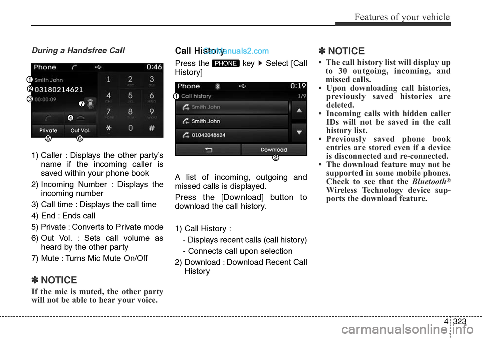 Hyundai Santa Fe 2016 Owners Manual - RHD (UK, Australia) 4323
Features of your vehicle
During a Handsfree Call
1) Caller : Displays the other party’s
name if the incoming caller is
saved within your phone book
2) Incoming Number : Displays the
incoming nu Hyundai Santa Fe 2016 Owners Manual - RHD (UK, Australia) 4323
Features of your vehicle
During a Handsfree Call
1) Caller : Displays the other party’s
name if the incoming caller is
saved within your phone book
2) Incoming Number : Displays the
incoming nu