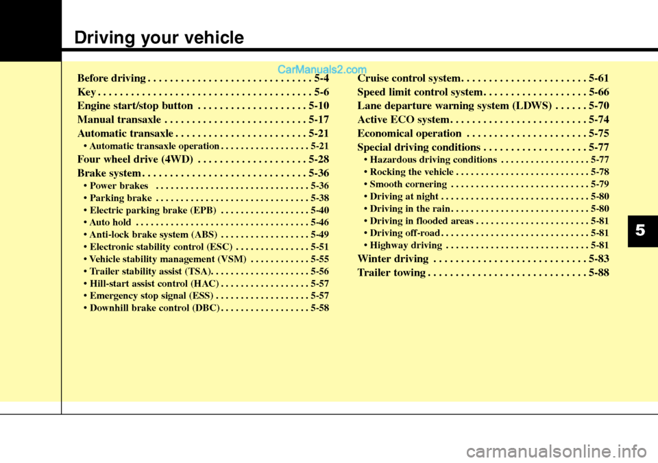 Hyundai Santa Fe 2016 Owners Manual - RHD (UK, Australia) Driving your vehicle
Before driving . . . . . . . . . . . . . . . . . . . . . . . . . . . . . . 5-4
Key . . . . . . . . . . . . . . . . . . . . . . . . . . . . . . . . . . . . . . . 5-6
Engine start Hyundai Santa Fe 2016 Owners Manual - RHD (UK, Australia) Driving your vehicle
Before driving . . . . . . . . . . . . . . . . . . . . . . . . . . . . . . 5-4
Key . . . . . . . . . . . . . . . . . . . . . . . . . . . . . . . . . . . . . . . 5-6
Engine start