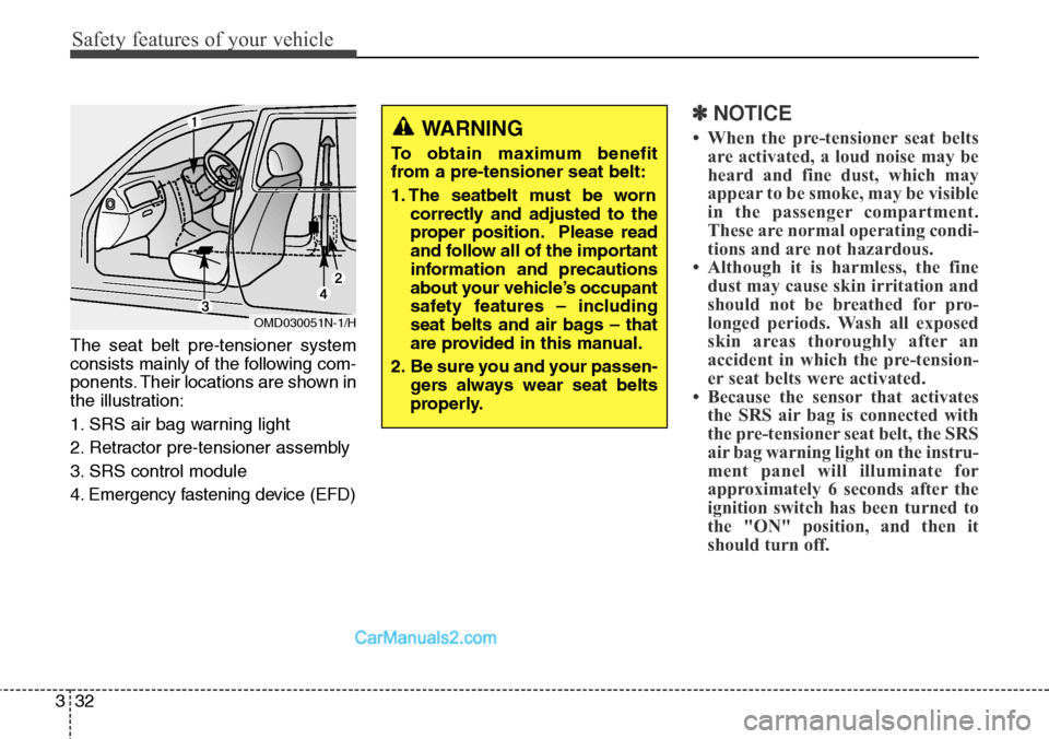 Hyundai Santa Fe 2016 Owners Manual - RHD (UK, Australia) Safety features of your vehicle
32 3
The seat belt pre-tensioner system
consists mainly of the following com-
ponents. Their locations are shown in
the illustration:
1. SRS air bag warning light
2. Re Hyundai Santa Fe 2016 Owners Manual - RHD (UK, Australia) Safety features of your vehicle
32 3
The seat belt pre-tensioner system
consists mainly of the following com-
ponents. Their locations are shown in
the illustration:
1. SRS air bag warning light
2. Re