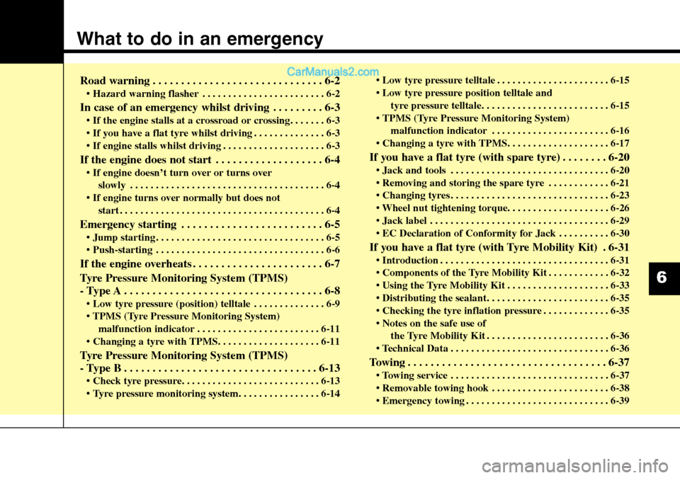 Hyundai Santa Fe 2016 Owners Manual - RHD (UK, Australia) What to do in an emergency
Road warning . . . . . . . . . . . . . . . . . . . . . . . . . . . . . . 6-2
• Hazard warning flasher . . . . . . . . . . . . . . . . . . . . . . . . 6-2
In case of an eme Hyundai Santa Fe 2016 Owners Manual - RHD (UK, Australia) What to do in an emergency
Road warning . . . . . . . . . . . . . . . . . . . . . . . . . . . . . . 6-2
• Hazard warning flasher . . . . . . . . . . . . . . . . . . . . . . . . 6-2
In case of an eme